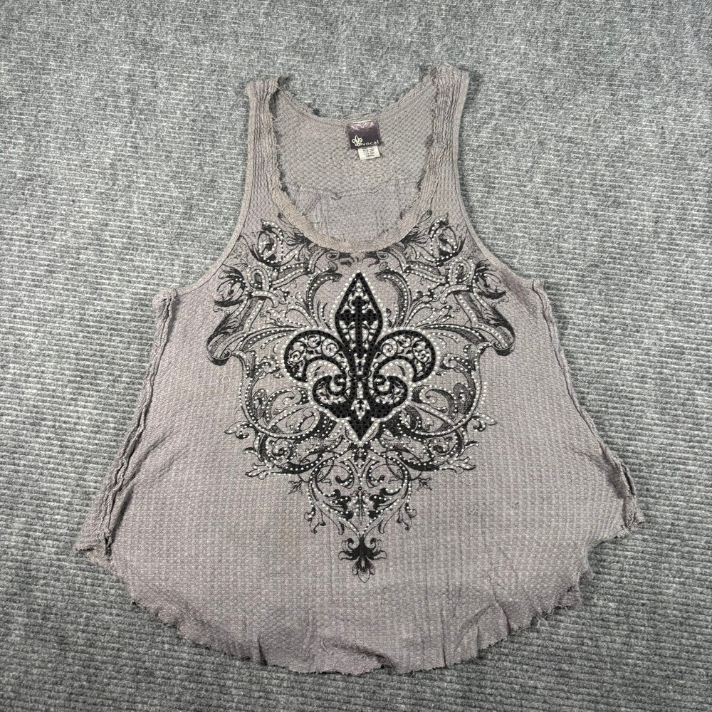 Vocal Tank Top Womens Small Gray Excellent Fleur De Lis Rhinestone Waffle Knit